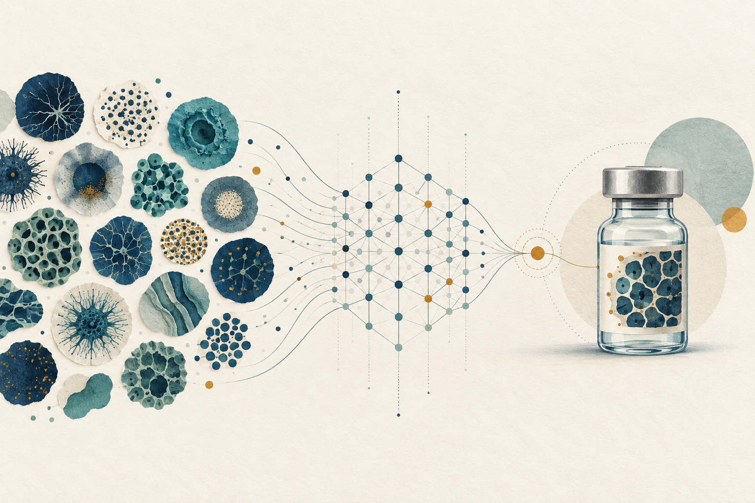 Abstract cellular patterns passing through a computational network into a single personalised vaccine vial