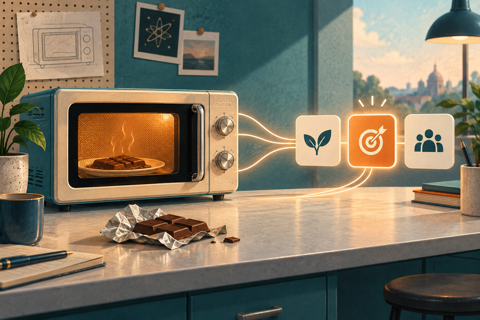 A retro microwave and chocolate bar connected by glowing paths to three decision tiles, one highlighted